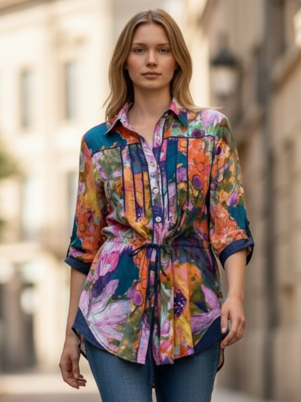Watercolor Button Down Tunic Top Tie Waist Sz XL Kings County Denim #270B